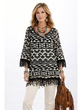 Ali Miles Black White Santa Fe Semi Sheer Knit Top Tassel Trim S Western Boho